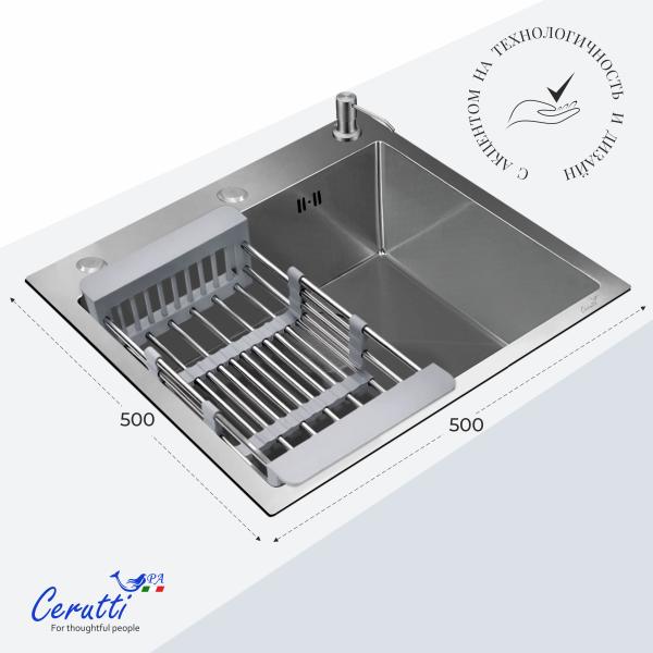 Кухонная мойка CeruttiSPA ГЛОРИЯ (GLORIA) 50 nano embos (матовый хром) из нержавеющей стали (500х500х220)