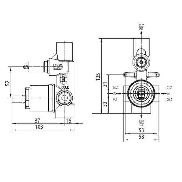 Cкрытая монтажная часть Bossini Z00005000 смесителя для ванны с душем на 2 потребителя, бронза