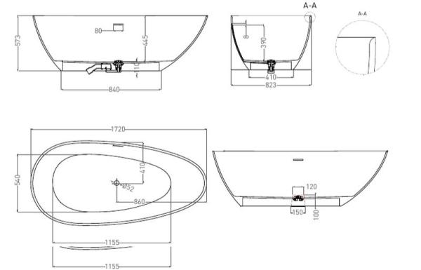 Ванна Salini PAOLA IN 172x82 S-Stone матовая 101612SM
