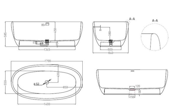 Ванна Salini LUCE 170x85 S-Stone покраска RAL матовая 100121MF