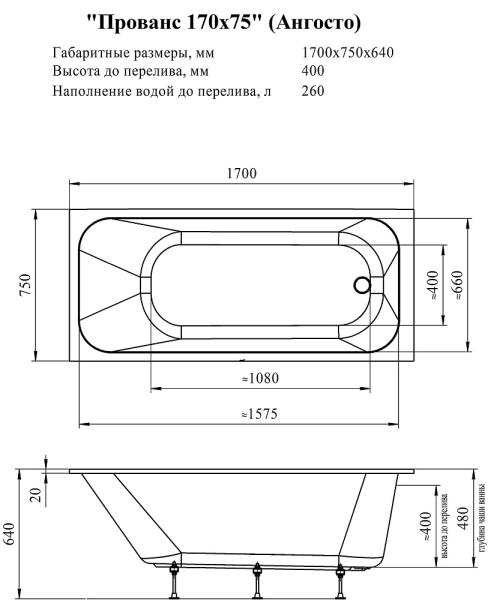 Акриловая ванна Прованс 170х75 Ангосто, установочный комплект