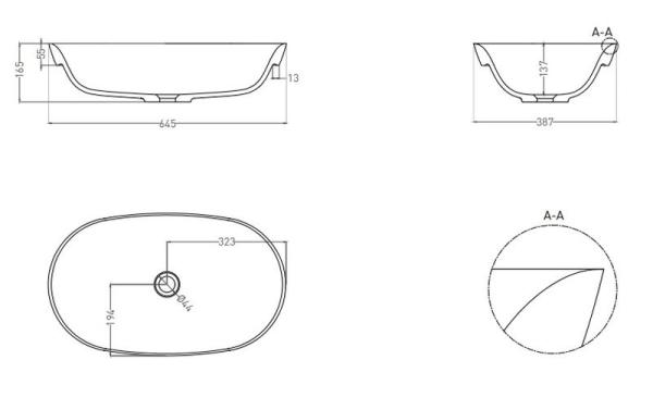 Раковина Salini MAREA 01 S-Stone матовая 65x39 1802201M полувстраиваемая