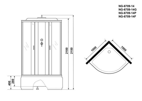Душевая кабина Niagara NG-6709-14G 1000х1000х2150 высокий поддон 45см стекло прозрачное черные профиля