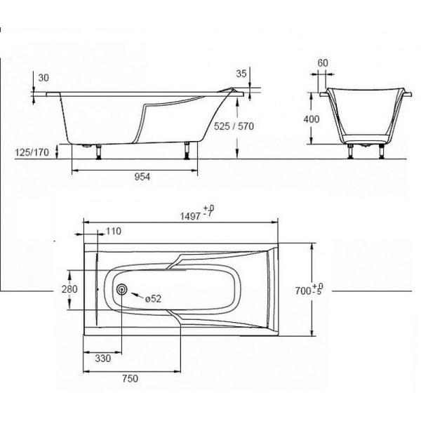 Ванна Jacob Delafon CORVETTE E60904-00 150х70 см