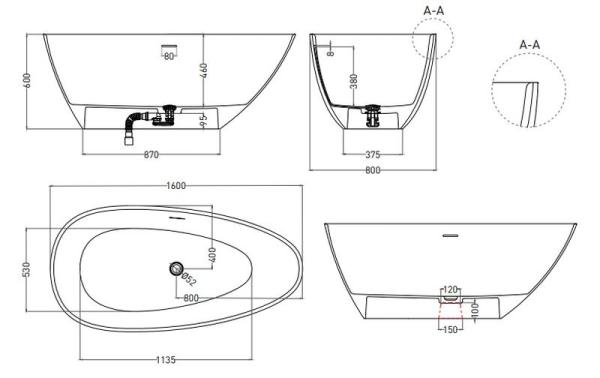 Ванна Salini PAOLA 160х80 S-Stone матовая 1015203M