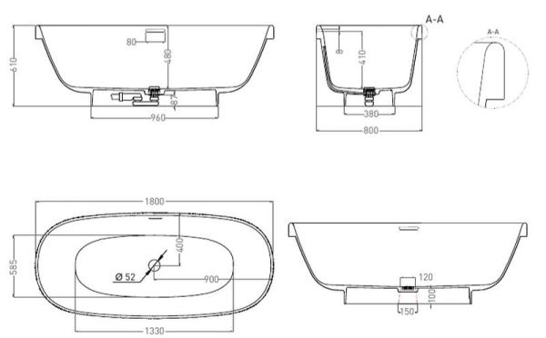 Ванна Salini GRECA 180x80 S-Stone покраска по RAL полностью матовая 103121MF